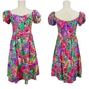 Vintage 80's Jean Leslie Bright Floral Puff Sleeve Dress